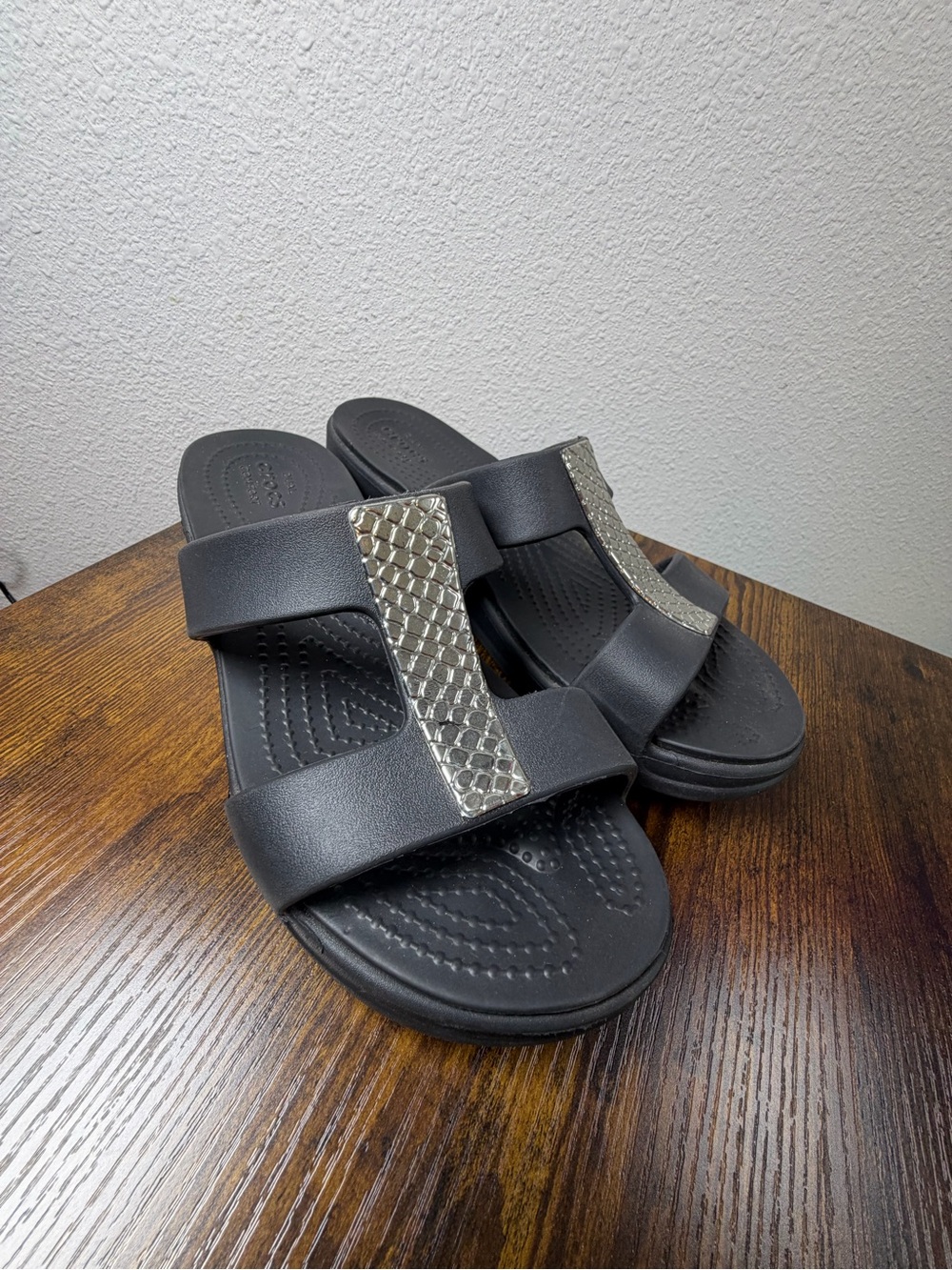 CROCS Black Slide Sandals with Silver Accent